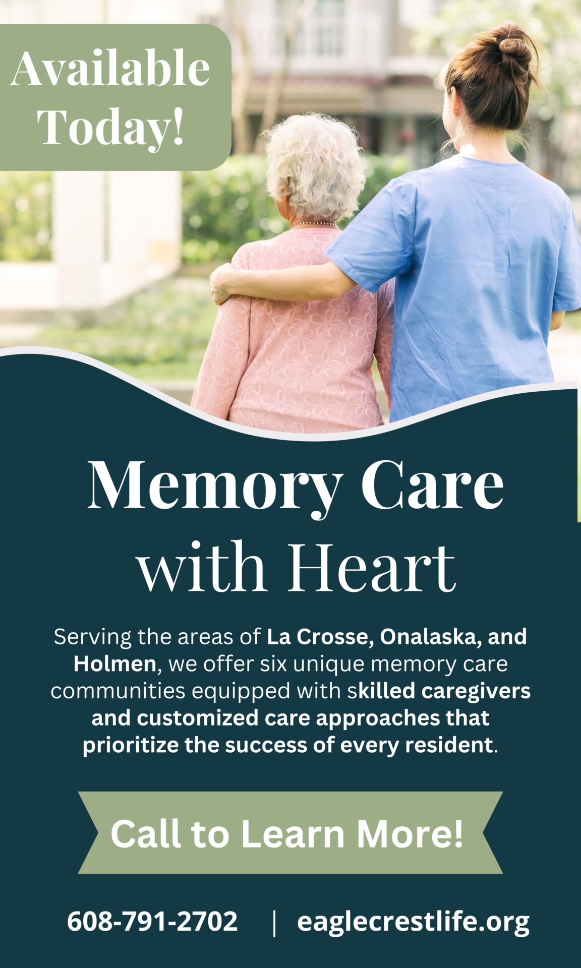 Currently serving La Crosse, Onalaska, and Holmen, our Memory care communities offer peace of mind and services that prioritize every resident's success. Call 608-791-2702 to learn more!