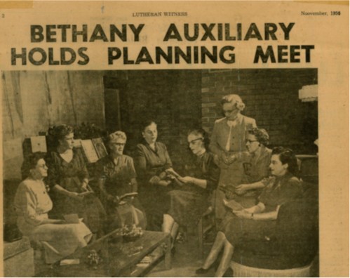 Old Newspaper clipping of Bethany Lutheran Homes dba Eagle Crest Communities. A group of women sitting together with the title "Bethany Auxiliary Holds Planning Meeting"